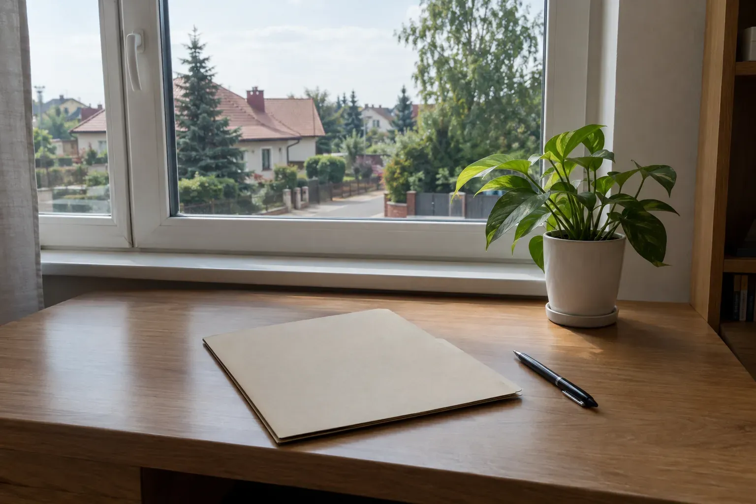 Biurko przy oknie z pustym segregatorem, długopisem i małą rośliną doniczkową