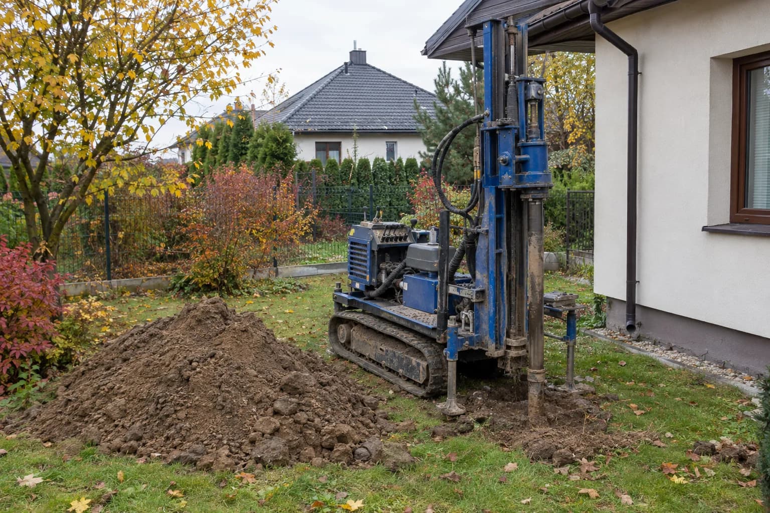 Mała wiertnica pracująca w ogrodzie przy domu, obok kopiec ziemi