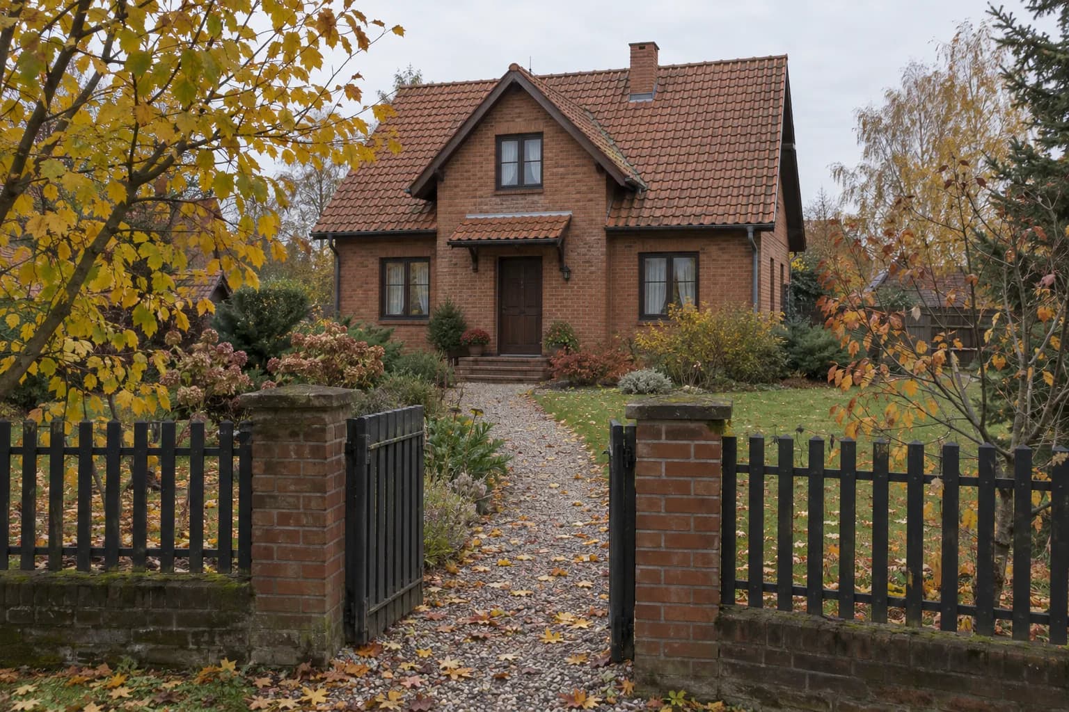 Ceglany dom jednorodzinny z dwuspadowym dachem, furtka i ścieżka ze żwiru, jesień