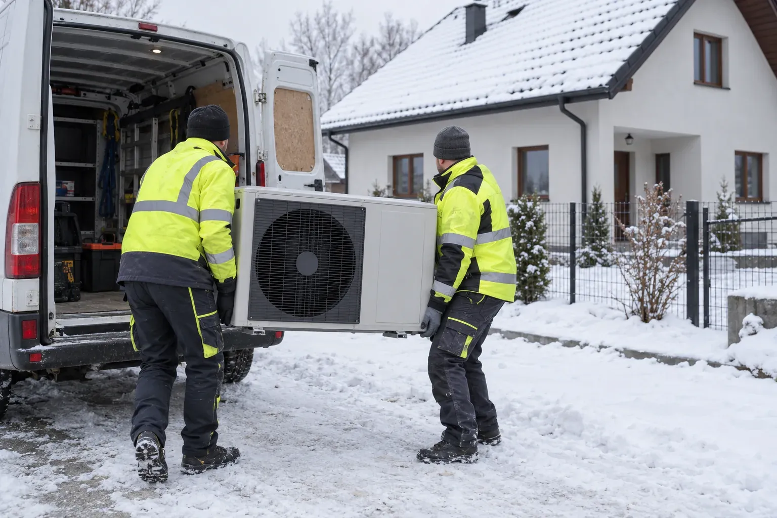 Dwóch monterów w odblaskowych kurtkach wnosi zewnętrzną jednostkę pompy ciepła przy domu w śniegu