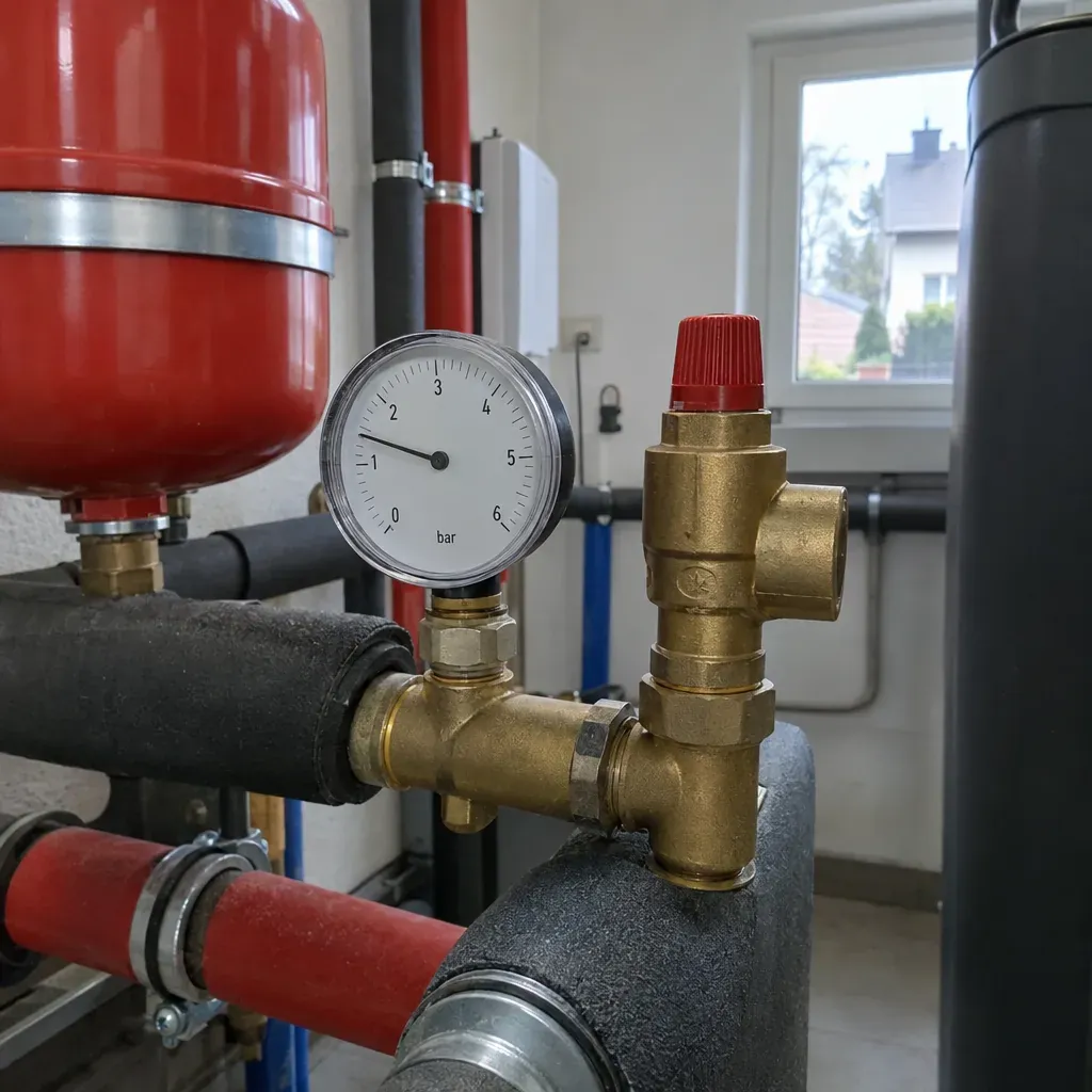 Zbliżenie na instalację grzewczą z manometrem i mosiężnym zaworem w pomieszczeniu technicznym